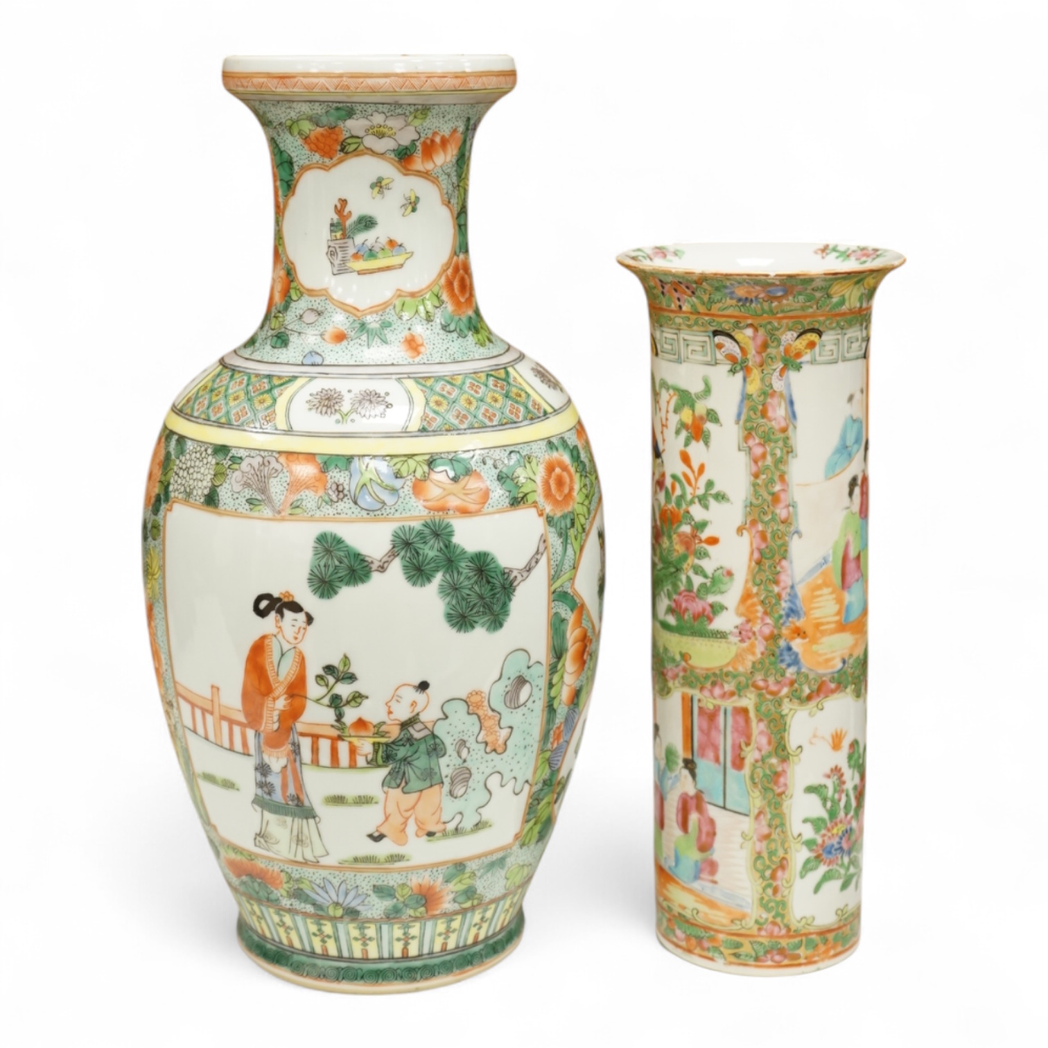 Two Chinese porcelain vases to include a famille rose sleeve vase and a larger famille verte vase, 36cm high